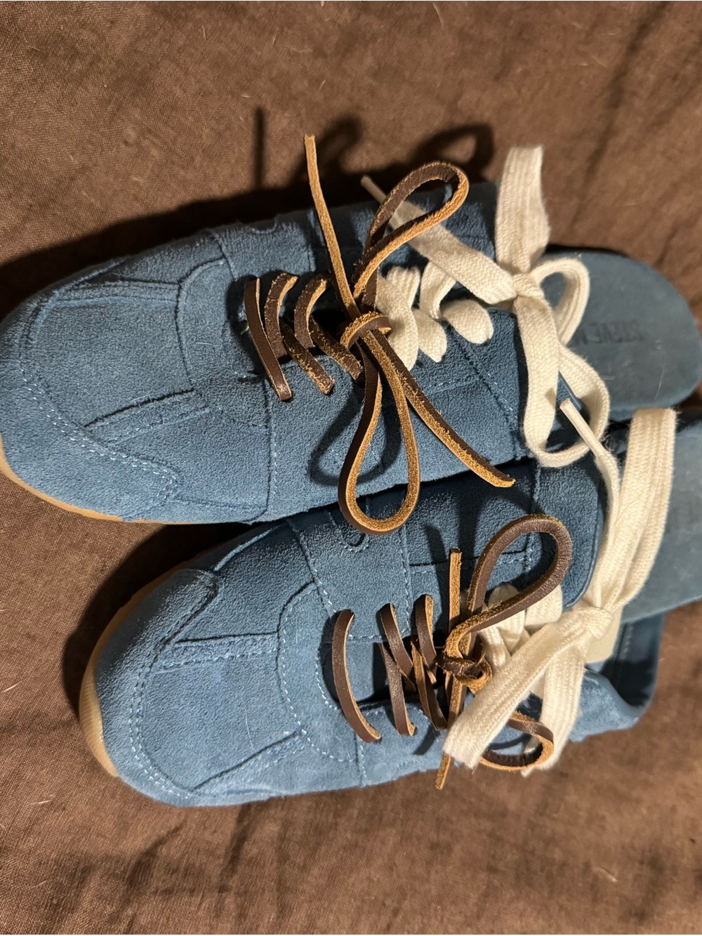 Steve Madden Blue Suede Sneakers with Tan and White Laces